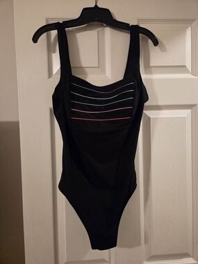 Black One-Piece Swimsuit with Multicolor Stripe Detail